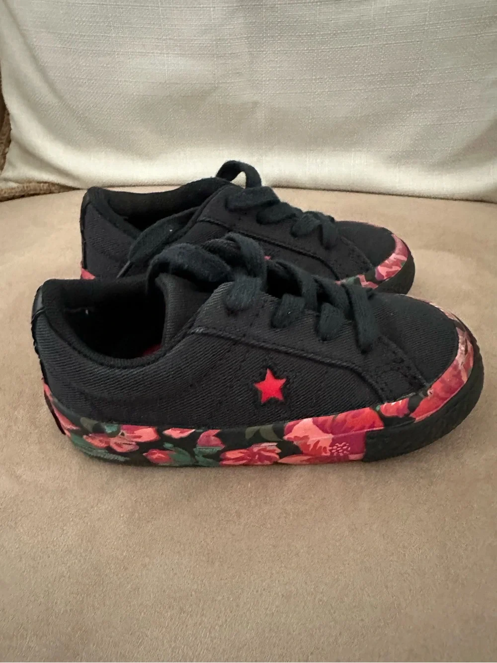 Converse Black Kids Sneakers with Pink Floral Trim